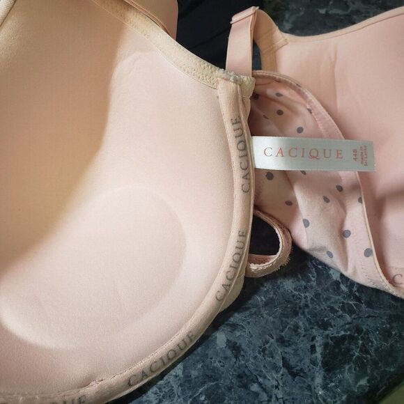 Cacique 44B T-Shirt Boost Plunge Bra Pink Polka Dot Padded Underwire Lace X Back - Picture 6 of 6